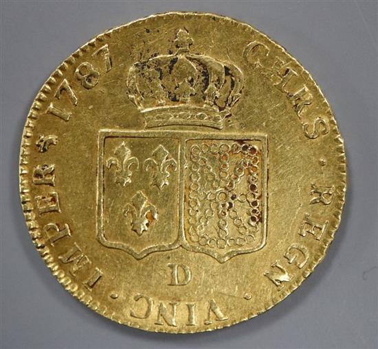 A Louis XVI two Louis dOr coin, 1787D, VF.